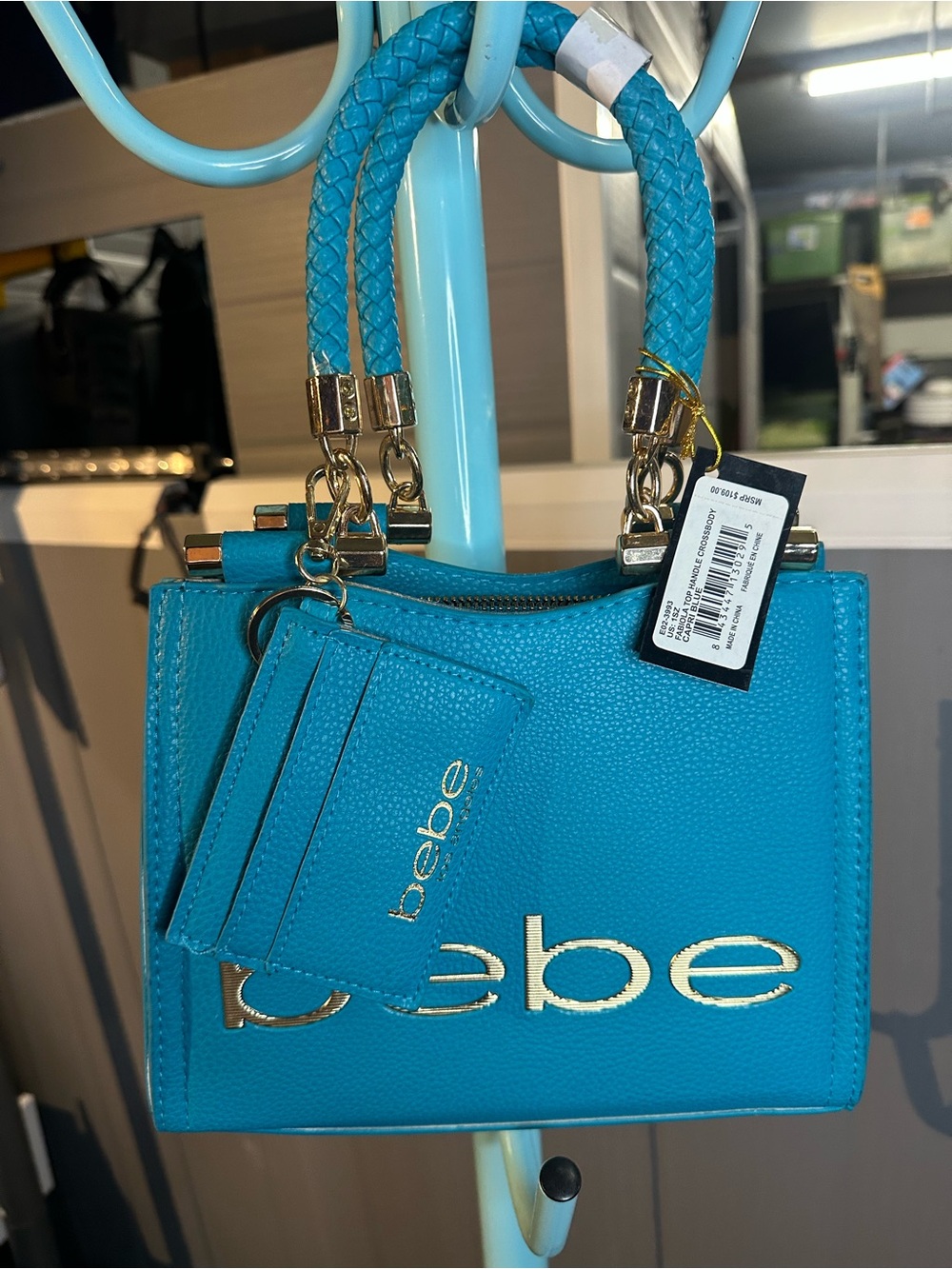 bebe Turquoise Mini Tote with Gold Hardware and Cardholder